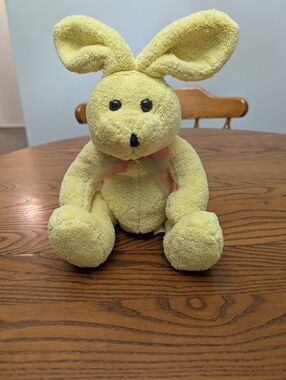 Soft Yellow Bunny Plush Terry Cloth Toy . Ribbon. Cuddly. Soft.